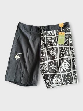 Quiksilver Black Men’s Boardshorts with Black & White Patterned Panel